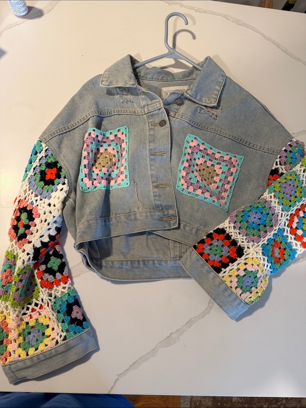 Denim Crop Jacket with Multicolor Crochet Panels